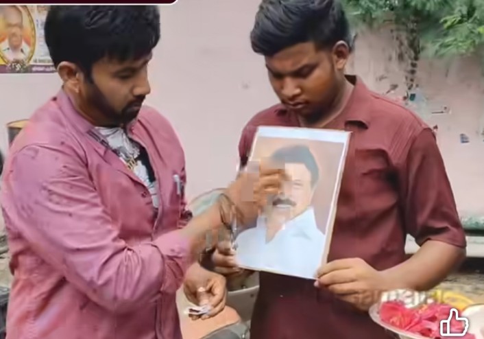 முதல்வர் புகைப்படத்திற்கு பொட்டு வைத்து வழிபாடு நடத்திய நடிகர் கைது !